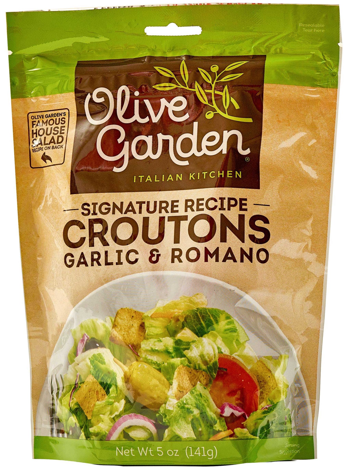 Olive Garden Garlic Romano Regular Seasoned Croutons, 5 oz Resealable Bag, Ready to Eat