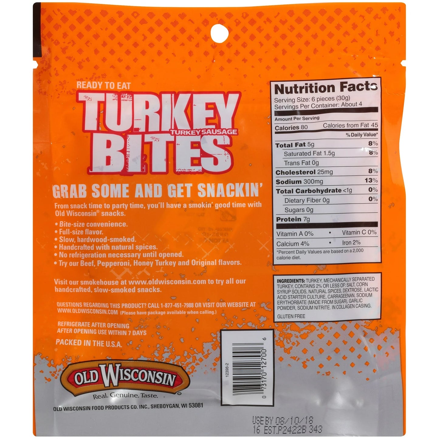 Old Wisconsin Gluten Free Smoked Turkey Sausage Snack Bites, 4 oz, Resealable Bag