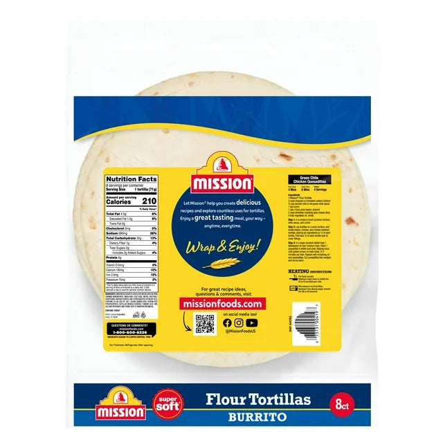 Mission Super Soft Flour Tortillas, Burrito Size, 20oz, 8 Count