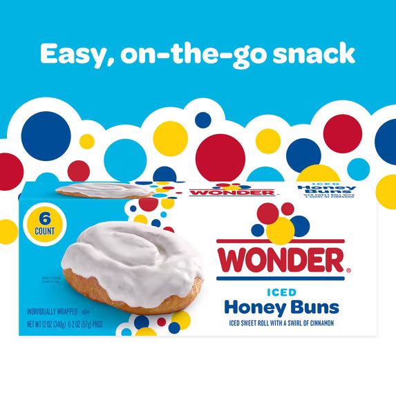 Wonder Iced Honey Buns, Individually Wrapped Iced Pastry Snacks, 10.5 oz, 6 Count
