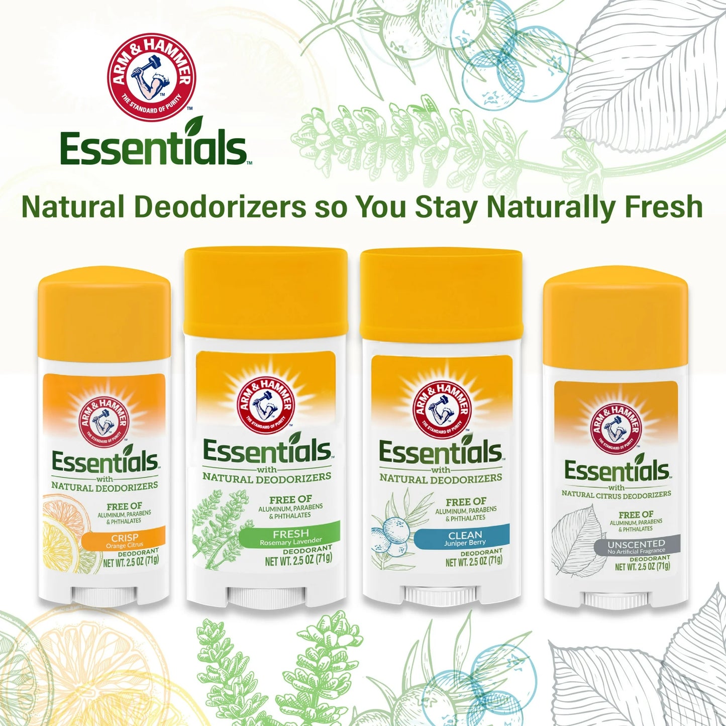 ARM & HAMMER Essentials Deodorant, Fresh Rosemary Lavender, Made with Natural Deodorizers, 2.5 oz
