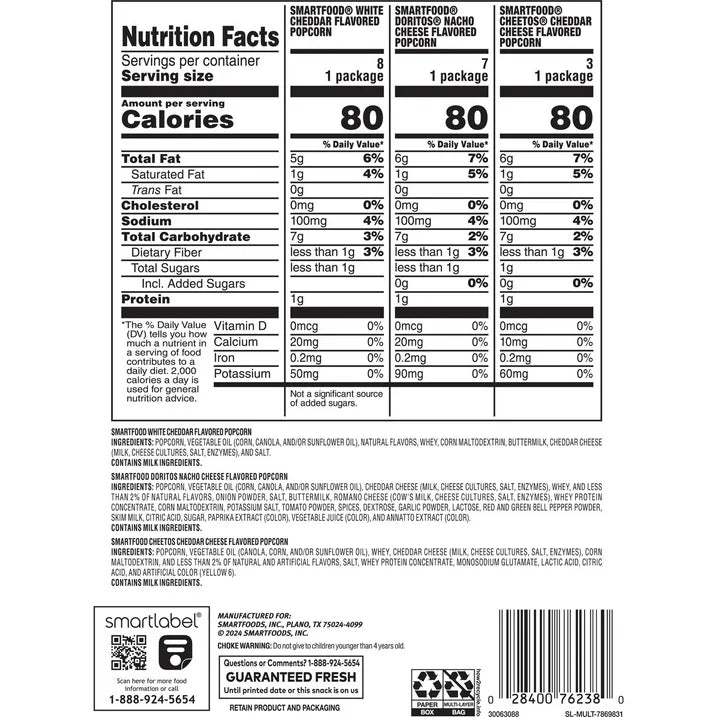 Smartfood Flavored Popcorn 3 Flavor Variety Pack Snack Chips, 0.5 oz Bags, 18 Count Multipack