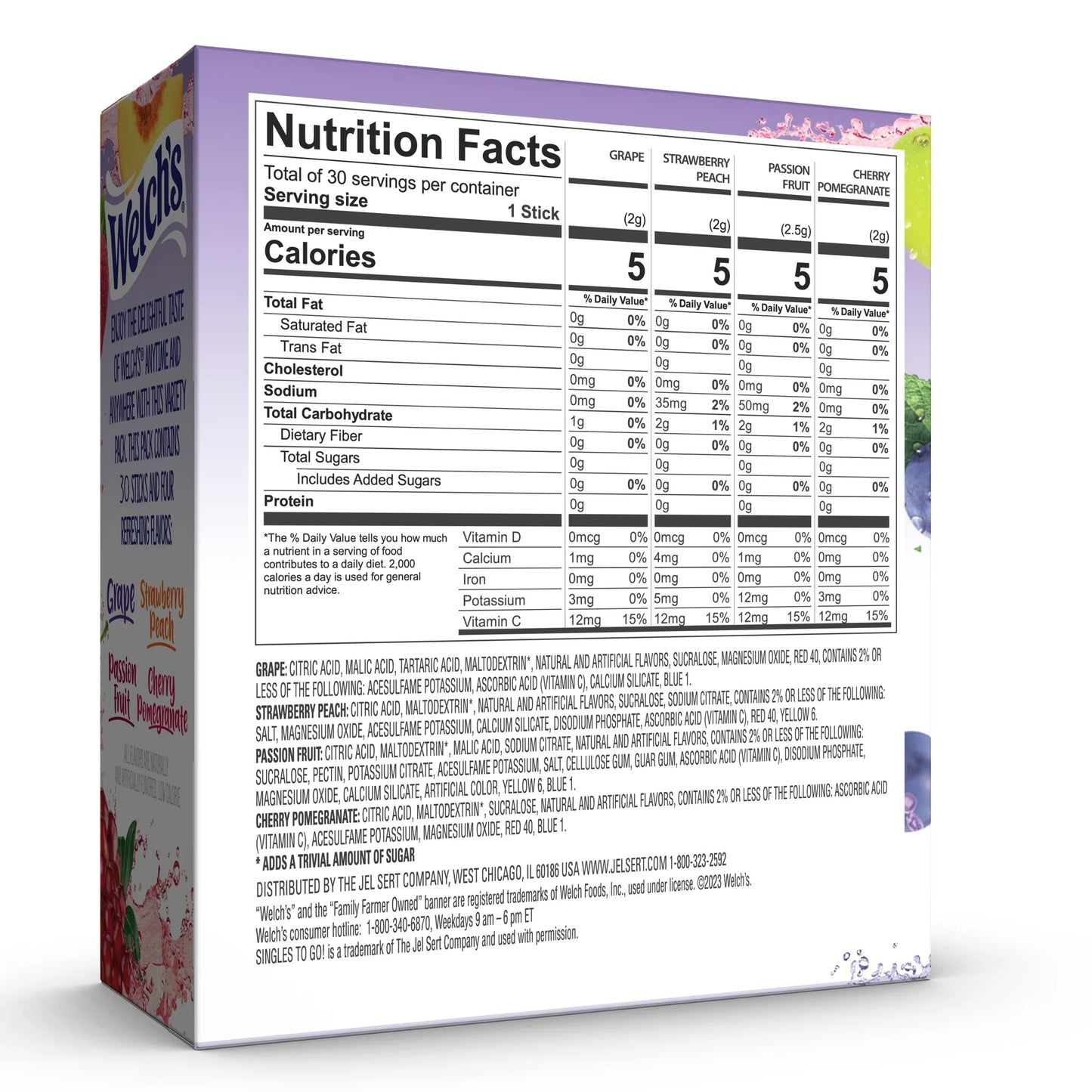 Welch's Zero Sugar Variety Pack Singles to Go Powdered Drink Mix, Grape, Passion Fruit, Strawberry Peach, Cherry Pomegranate, 30 Count Packets