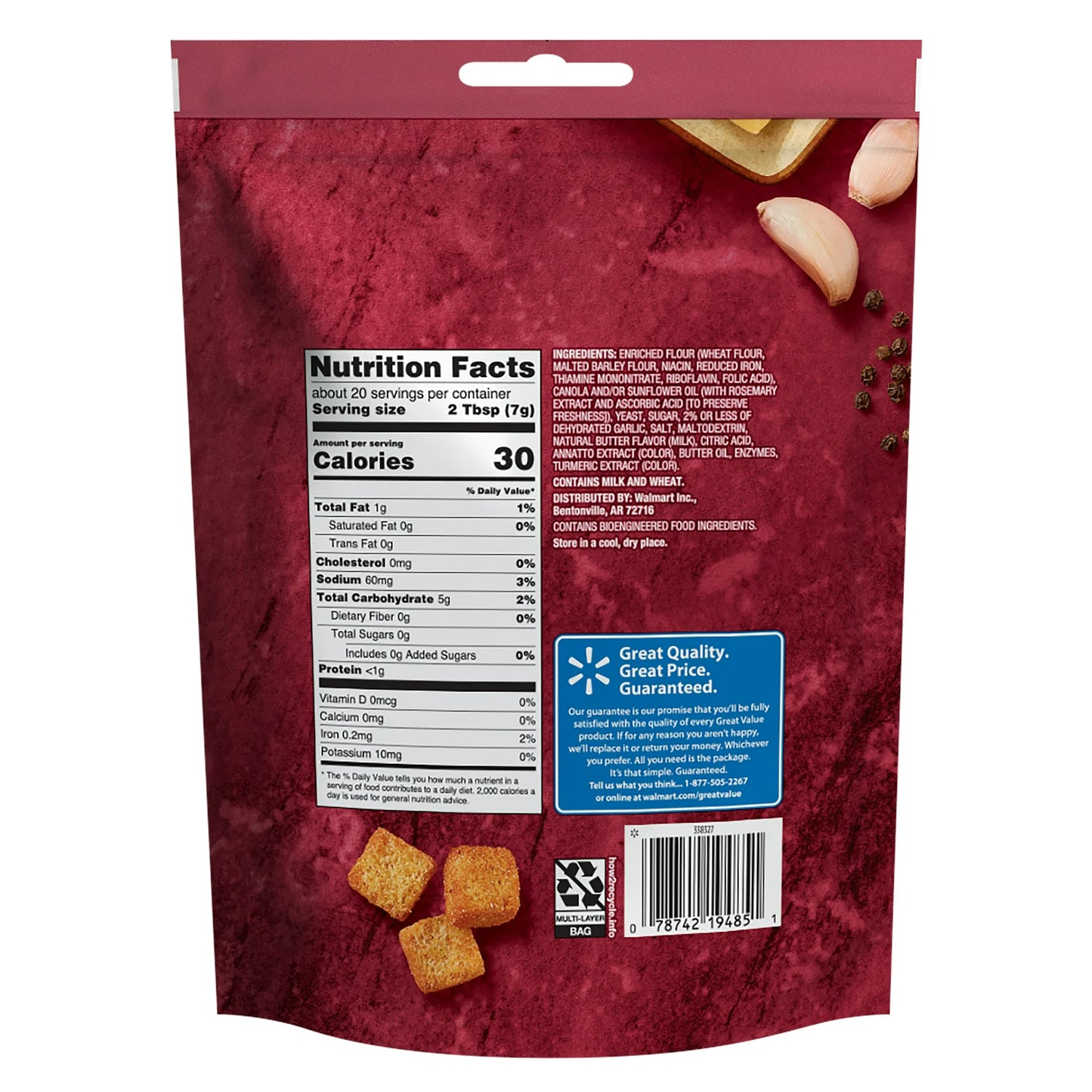 Great Value Garlic & Butter Seasoned Croutons, 5 oz Resealable Bag, Baked from Wheat Bread, Ready-to-eat