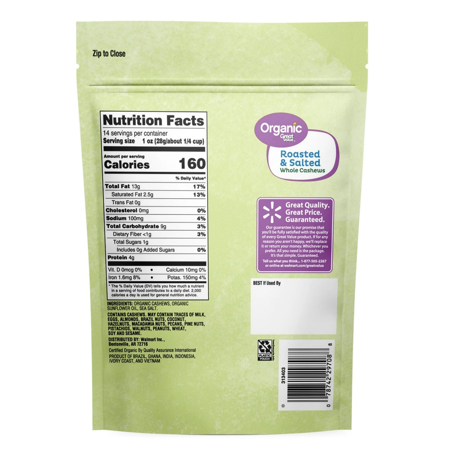 Great Value Organic Roasted & Salted Whole Cashews, 14 oz