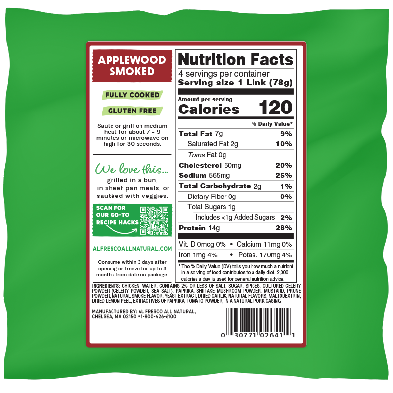 Al Fresco APPLEWOOD SMOKED Chicken Sausage,11 oz,4 count.