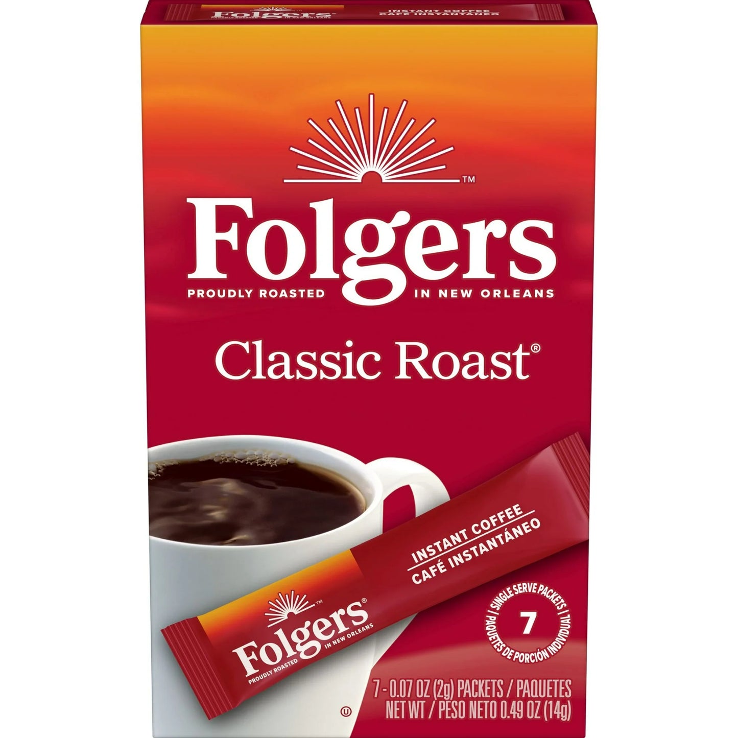 Folgers Classic Roast Instant Coffee, Single Serve Packets, 0.49oz, 7ct