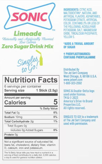 Sonic Singles to Go Limeade Drink Mix, 0.53oz 6-ct. Box