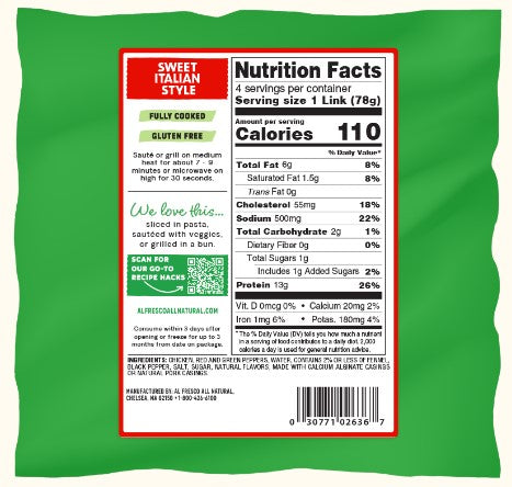 Al Fresco Sweet Italian Style Chicken Sausage 11 oz,4 count