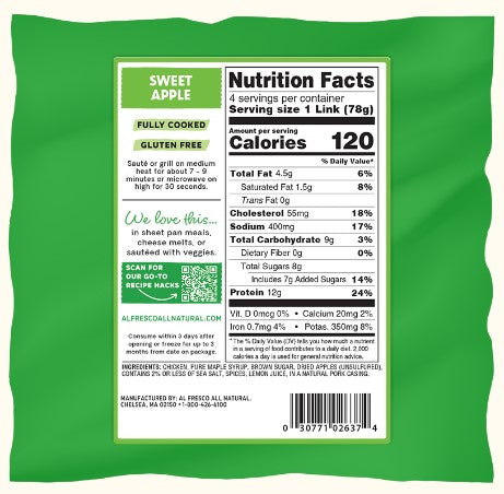 Al Fresco Sweet Apple Chicken Sausage. 11 oz .4 count