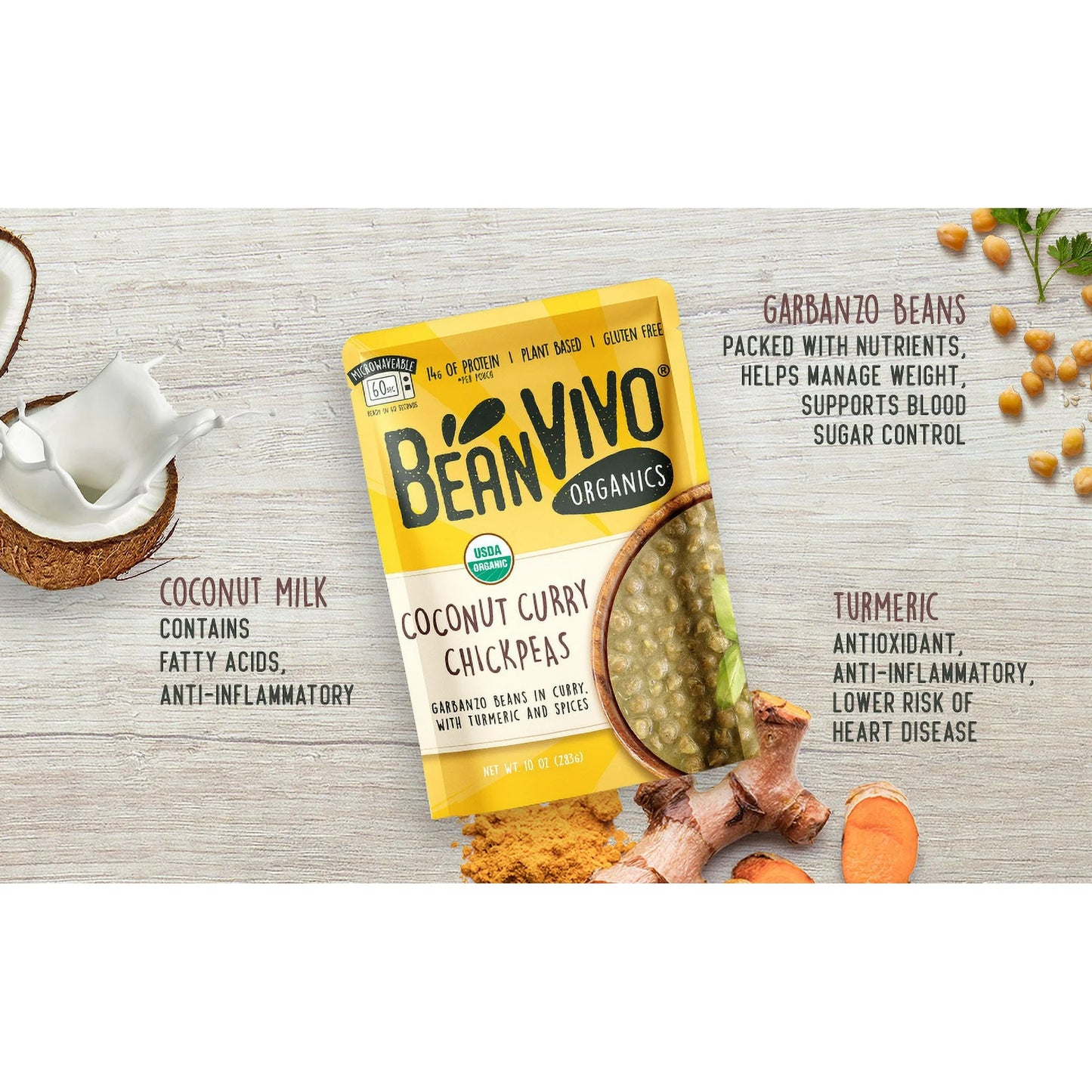 BeanVIVO Organics Plant Based Coconut Curry Chickpeas, Microwaveable, Gluten-Free, 10 oz Pouch