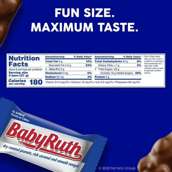 Baby Ruth, Chocolatey, Peanut, Caramel, Nougat, Fun Size Candy Bars, 10.2 oz