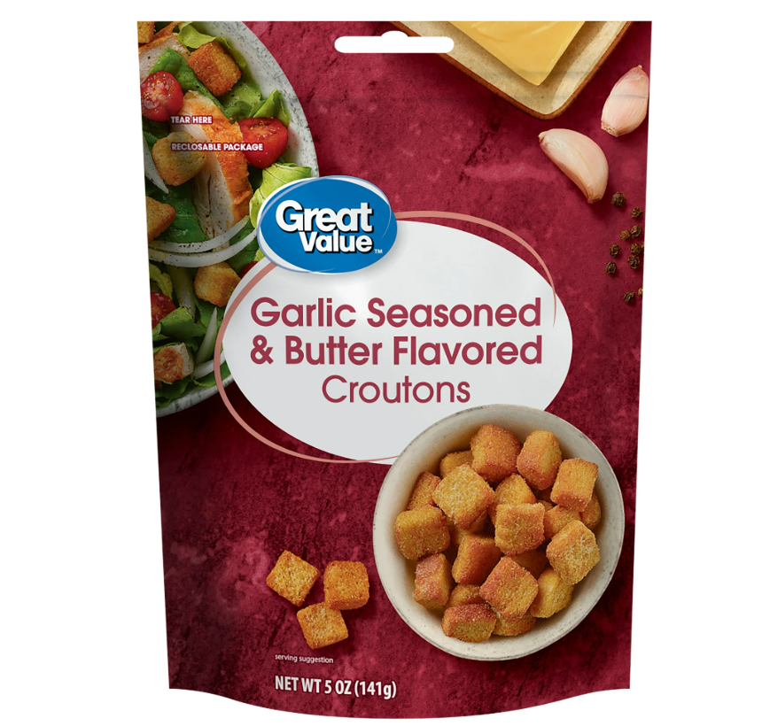 Great Value Garlic & Butter Seasoned Croutons, 5 oz Resealable Bag, Baked from Wheat Bread, Ready-to-eat