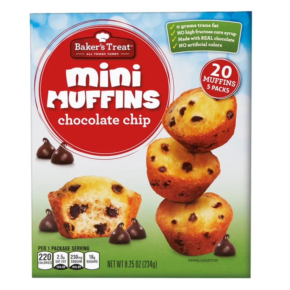 Baker's Treat Chocolate Chip Mini Muffins 8.25 oz, 5pks/20 muffins
