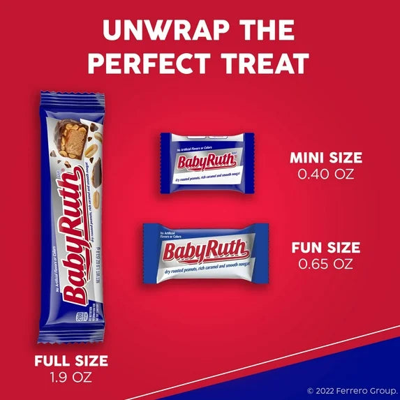 Baby Ruth, Chocolatey, Peanut, Caramel, Nougat, Fun Size Candy Bars, 10.2 oz