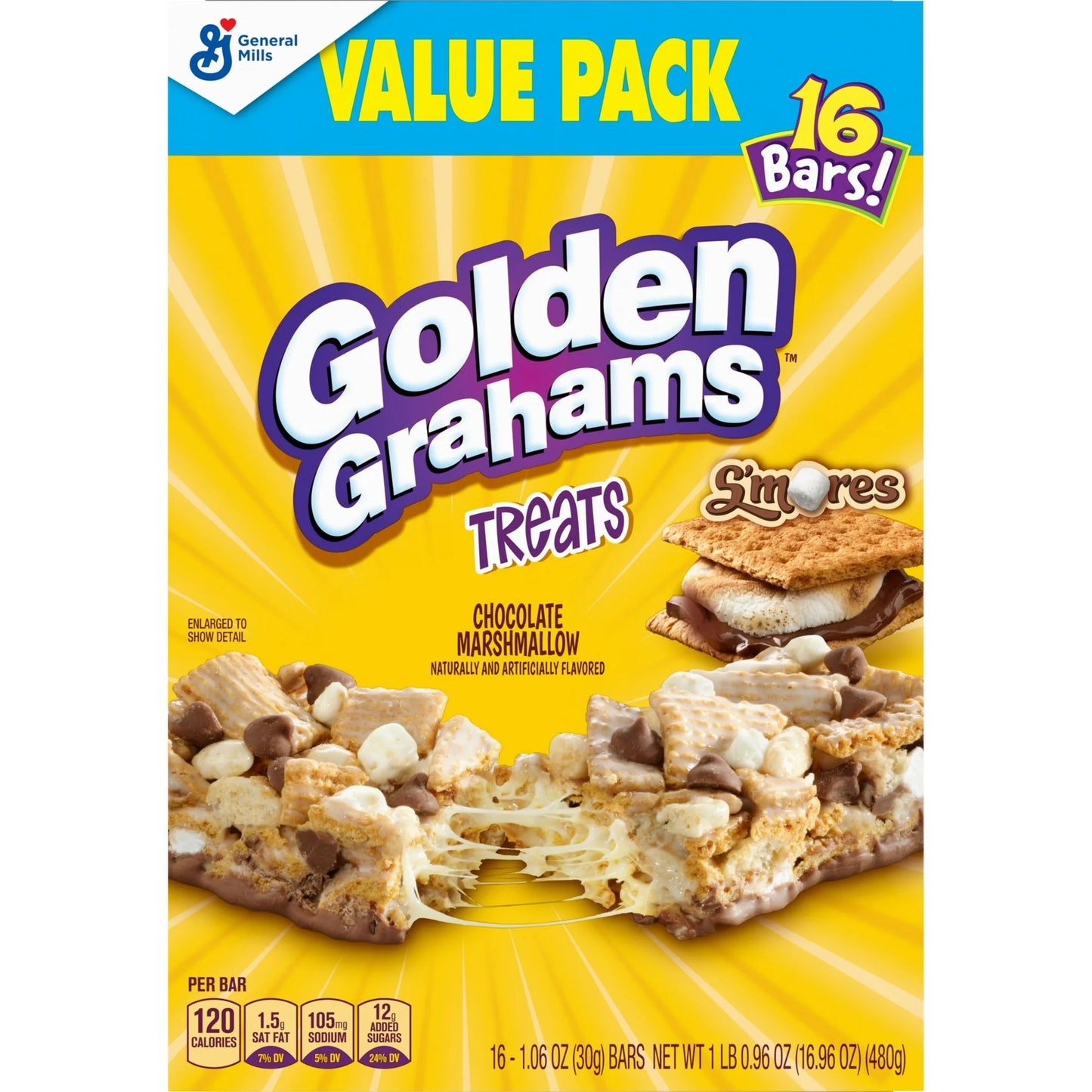 Golden Grahams Breakfast Cereal Treat Bars, S'mores, Snack Bars, 16 Ct