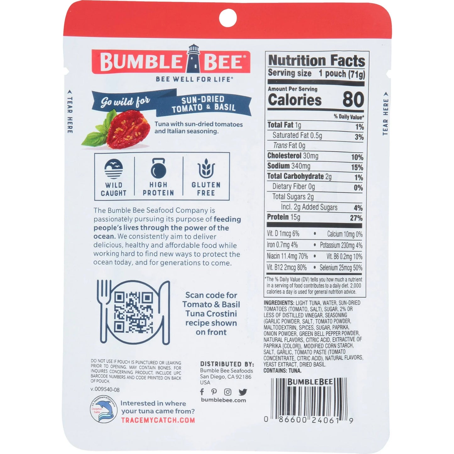 Bumble Bee Sun-Dried Tomato & Basil Seasoned Tuna, 2.5 oz Pouch