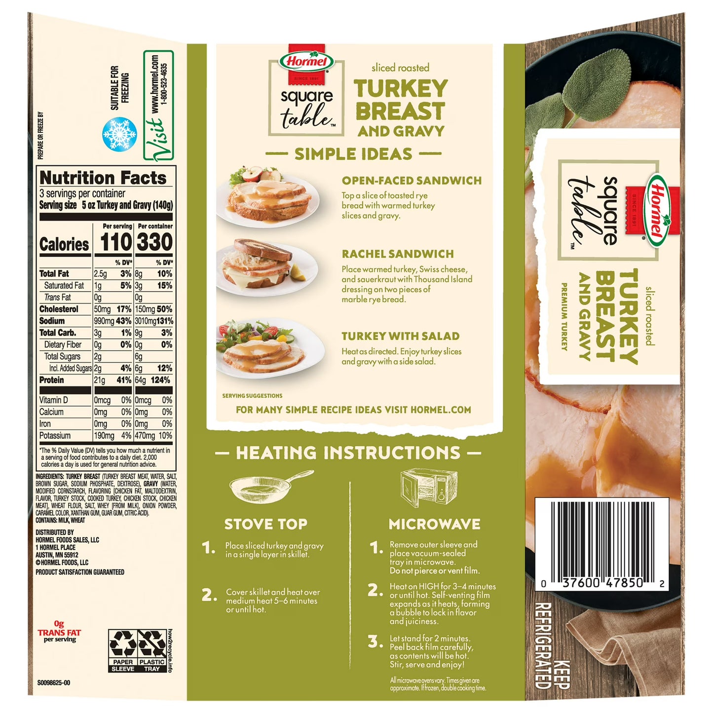Hormel Square Table Sliced Roasted Turkey Breast and Gravy, Refrigerated Entrée, 15 oz Tray