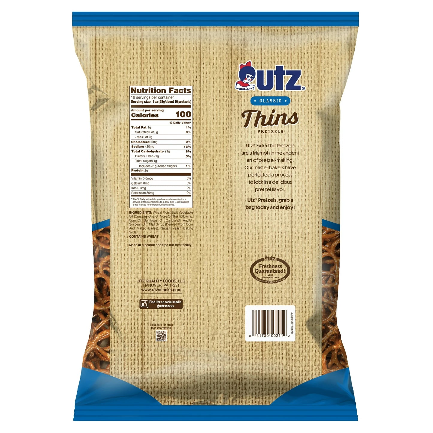Utz Classic Thins Pretzels, 16 oz Bag