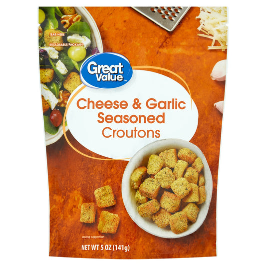Great Value Cheese & Garlic Seasoned Croutons, 5 oz Resealable Bag, Ready-To-Eat