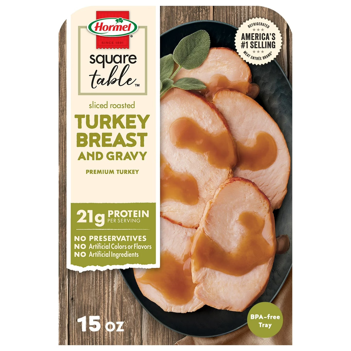 Hormel Square Table Sliced Roasted Turkey Breast and Gravy, Refrigerated Entrée, 15 oz Tray