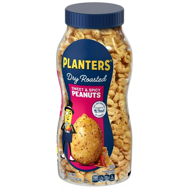 PLANTERS Sweet and Spicy Peanuts, Party Snacks, Plant-Based Protein, 16 oz Jar