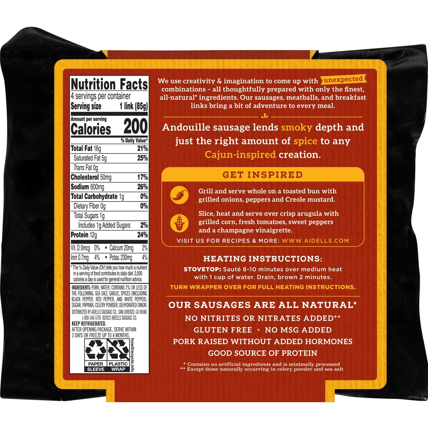 Aidells All Natural Cajun Style Andouille Smoked Pork Sausage Links, 4 Count, 12 oz