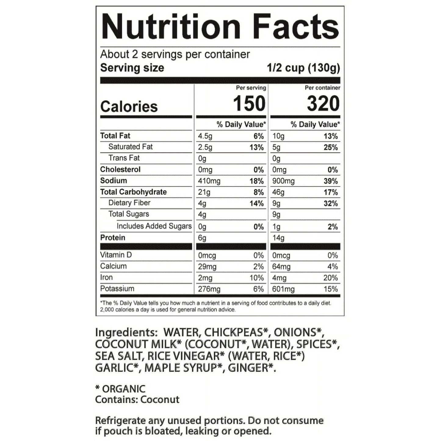 BeanVIVO Organics Plant Based Coconut Curry Chickpeas, Microwaveable, Gluten-Free, 10 oz Pouch