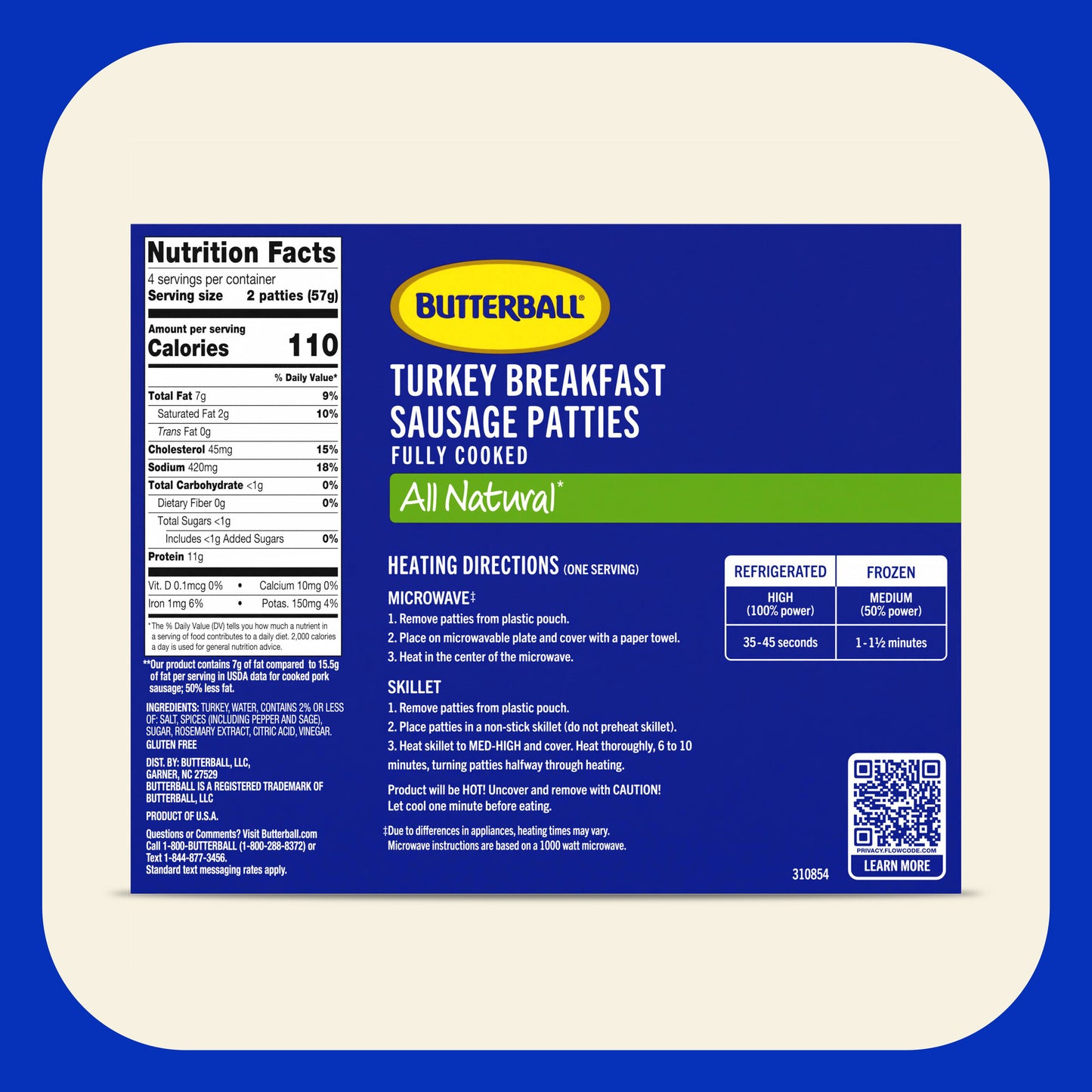 Butterball All Natural Turkey Breakfast Sausage Patties,  8 oz a piece,8 Patties