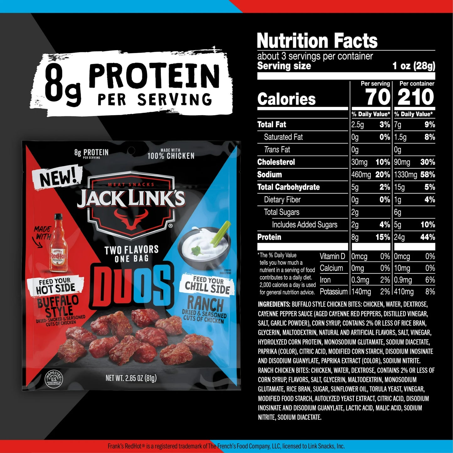 Jack Link's Chicken Bites DUOs – Frank's RedHot Buffalo Style & Ranch, 2.85oz, 8g of protein per serving, Resealable Bag