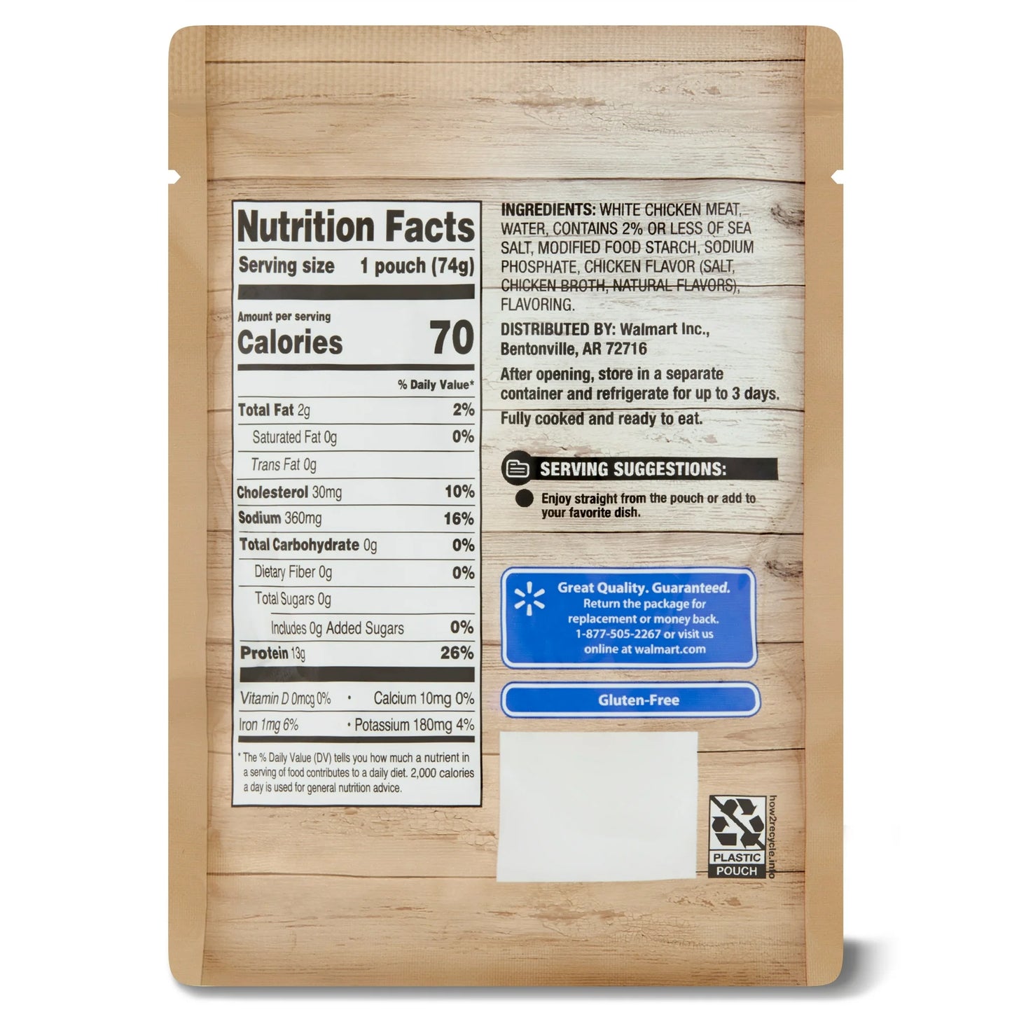 Great Value Premium White Chicken, Shelf-Stable, Fully Cooked, Ready to Eat, 2.6 oz Pouch