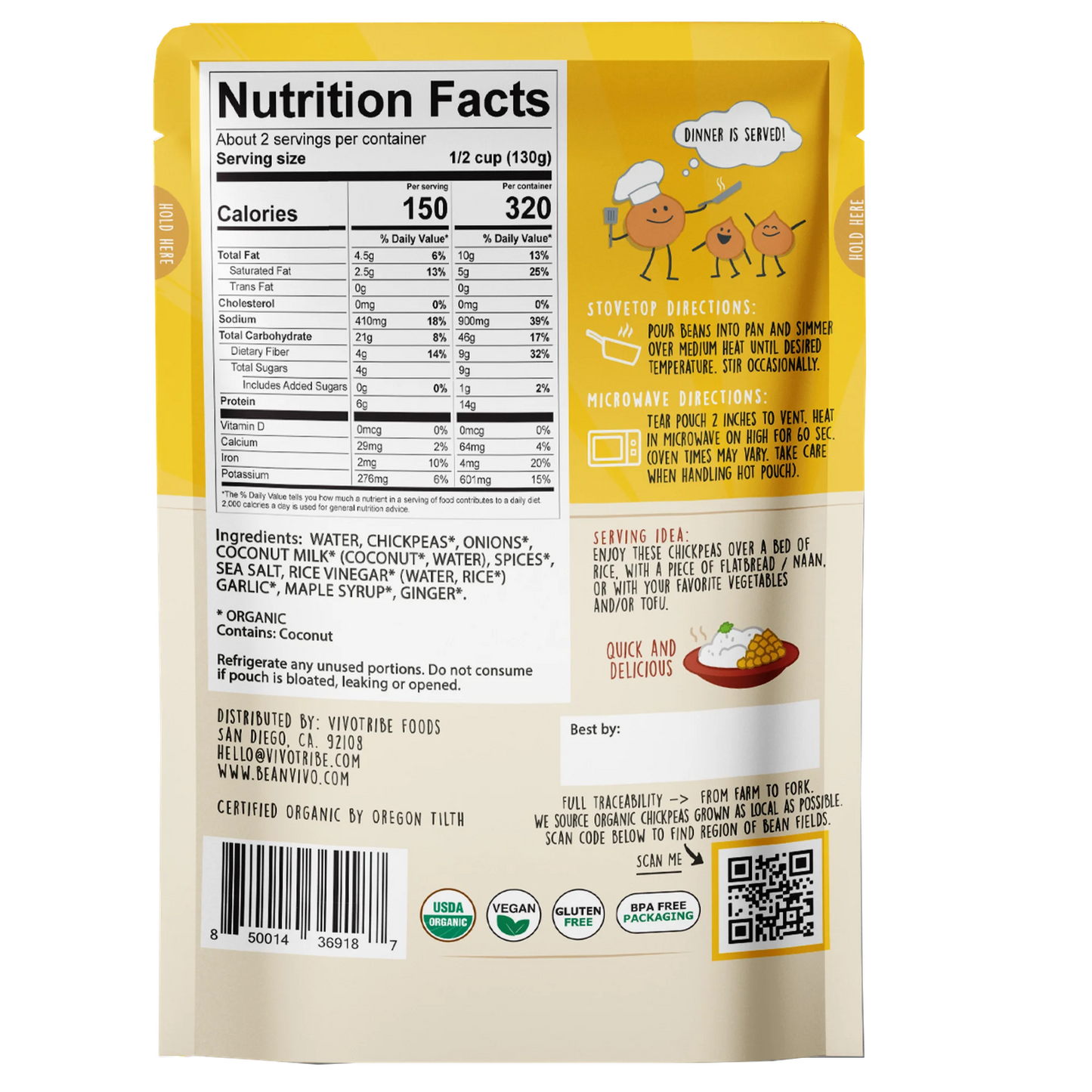BeanVIVO Organics Plant Based Coconut Curry Chickpeas, Microwaveable, Gluten-Free, 10 oz Pouch