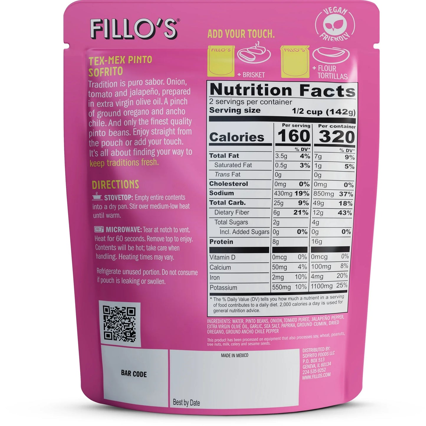 FILLO'S Tex Mex Pinto Beans Medium Spice - Single Pouch, 10 oz