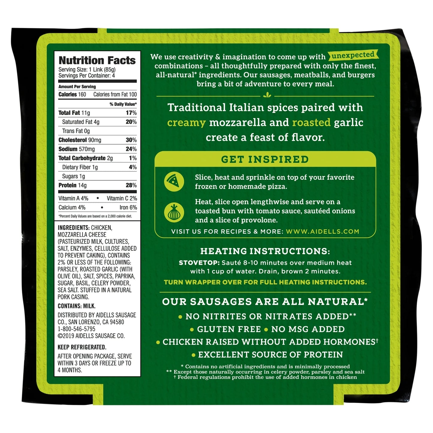 Aidells Italian Style Smoked with Mozzarella Cheese Chicken Sausage Links, 12 oz, 4 Count