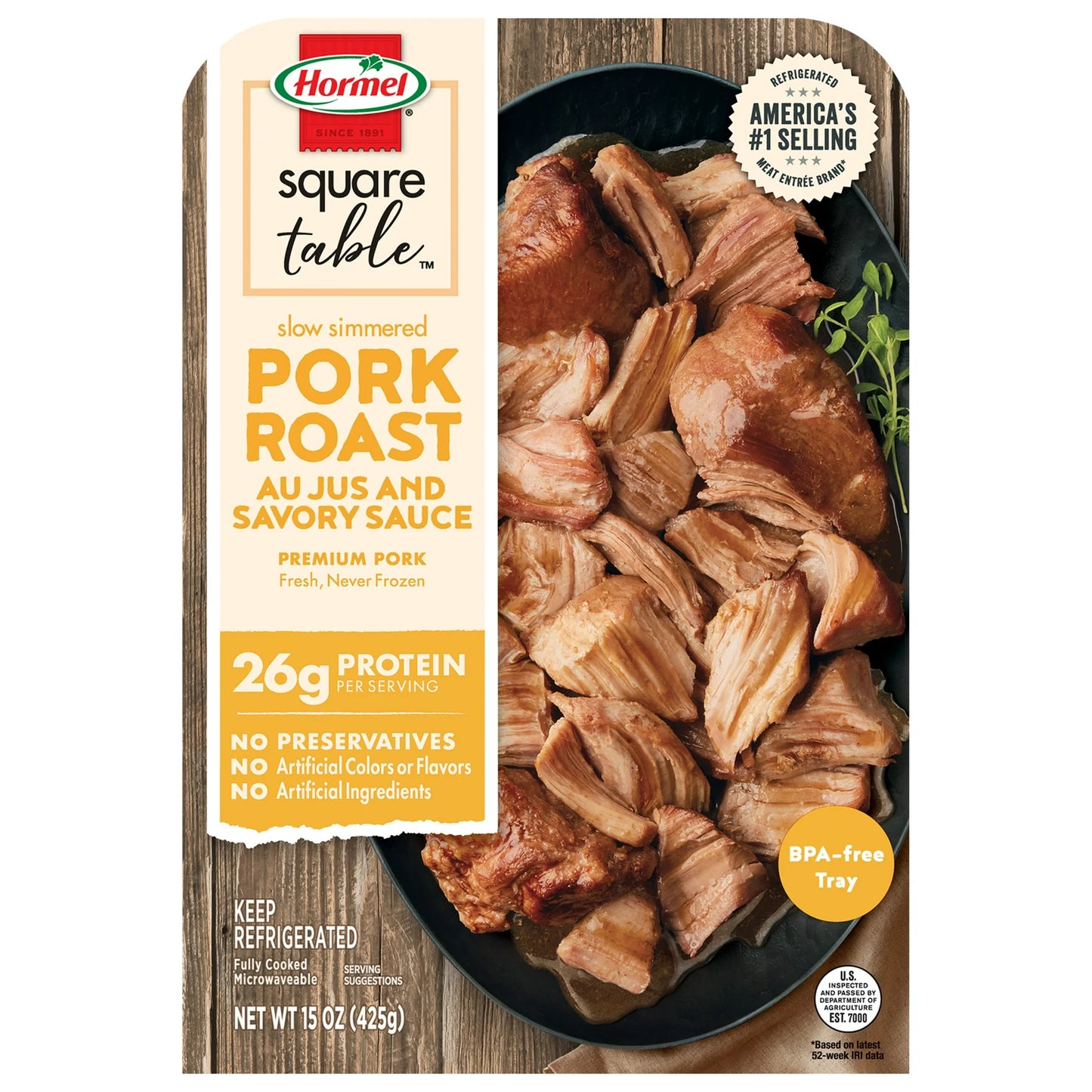 HORMEL SQUARE TABLE Slow Simmered Pork Roast Au Jus and Savory Sauce, Refrigerated, 15 oz Plastic Microwaveable Tray