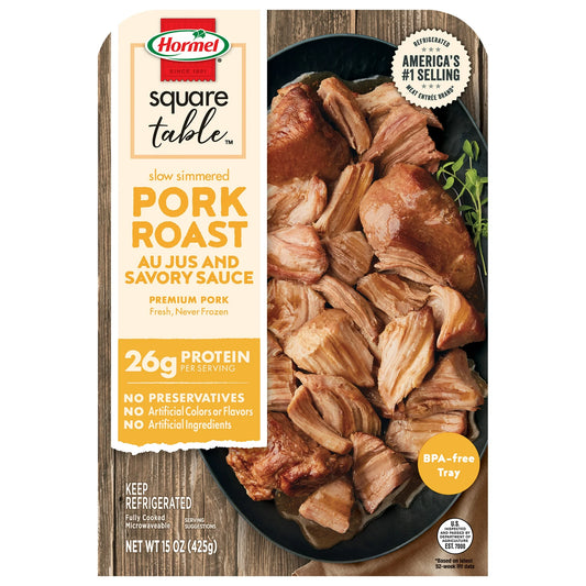 HORMEL SQUARE TABLE Slow Simmered Pork Roast Au Jus and Savory Sauce, Refrigerated, 15 oz Plastic Microwaveable Tray