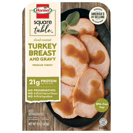 Hormel Square Table Sliced Roasted Turkey Breast and Gravy, Refrigerated Entrée, 15 oz Tray