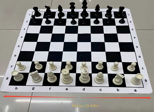 Standard International Tournament Full Chess Set. Consist of a Black & White 19.69in x 19.69in Board and 32 black & white pieces, w/ The King standing at 95mm tall