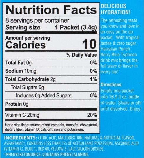 Hawaiian Punch Berry Blue Typhoon Sugar Free Powdermix Drink Mix, 0.95oz 8-ct. Packs