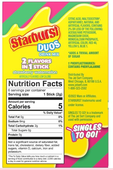 Starburst DUOS Sugar-Free Strawberry Watermelon Singles To-Go Drink Mix,0.44oz 6 ct.