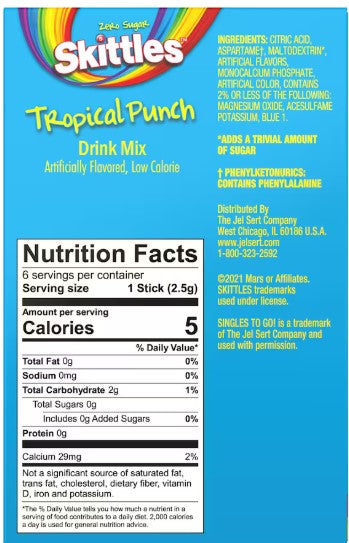 Skittles Zero Sugar Tropical Punch Singles-To-Go Drink Mix Packets, 0.54oz 6-ct.