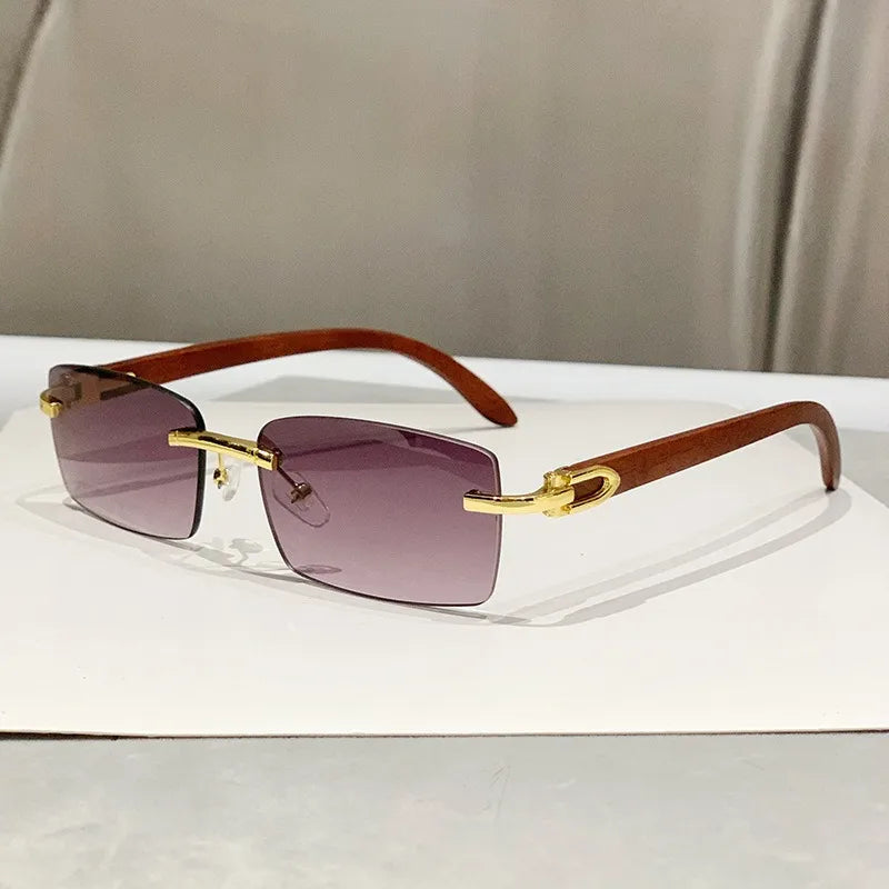 Square Rimless Men's Sunglasses Wooden Texture Temple Driving Travel Sun Protection Multifunctional Polarized Glasses