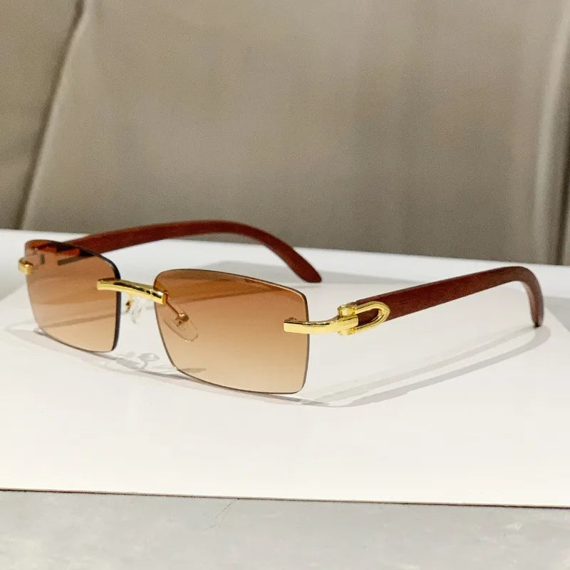 Square Rimless Men's Sunglasses Wooden Texture Temple Driving Travel Sun Protection Multifunctional Polarized Glasses
