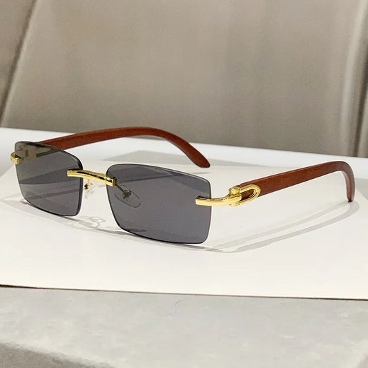 Square Rimless Men's Sunglasses Wooden Texture Temple Driving Travel Sun Protection Multifunctional Polarized Glasses