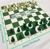 Standard International Tournament Full Chess Set. Consist of a Green & White 19.69in x 19.69in Board and 32 green & white pieces, w/ The King standing at 95mm tall.