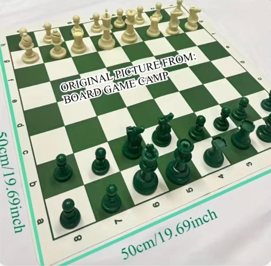 Standard International Tournament Full Chess Set. Consist of a Green & White 19.69in x 19.69in Board and 32 green & white pieces, w/ The King standing at 95mm tall.