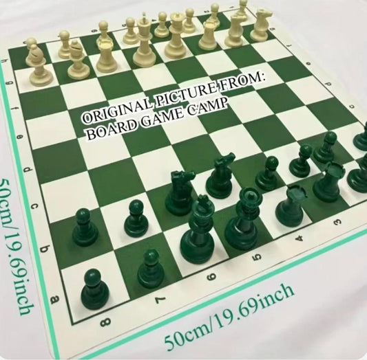 Standard International Tournament Full Chess Set. Consist of a Green & White 19.69in x 19.69in Board and 32 green & white pieces, w/ The King standing at 95mm tall.