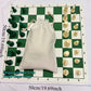Standard International Tournament Full Chess Set. Consist of a Green & White 19.69in x 19.69in Board and 32 green & white pieces, w/ The King standing at 95mm tall.