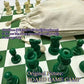 Standard International Tournament Full Chess Set. Consist of a Green & White 19.69in x 19.69in Board and 32 green & white pieces, w/ The King standing at 95mm tall.