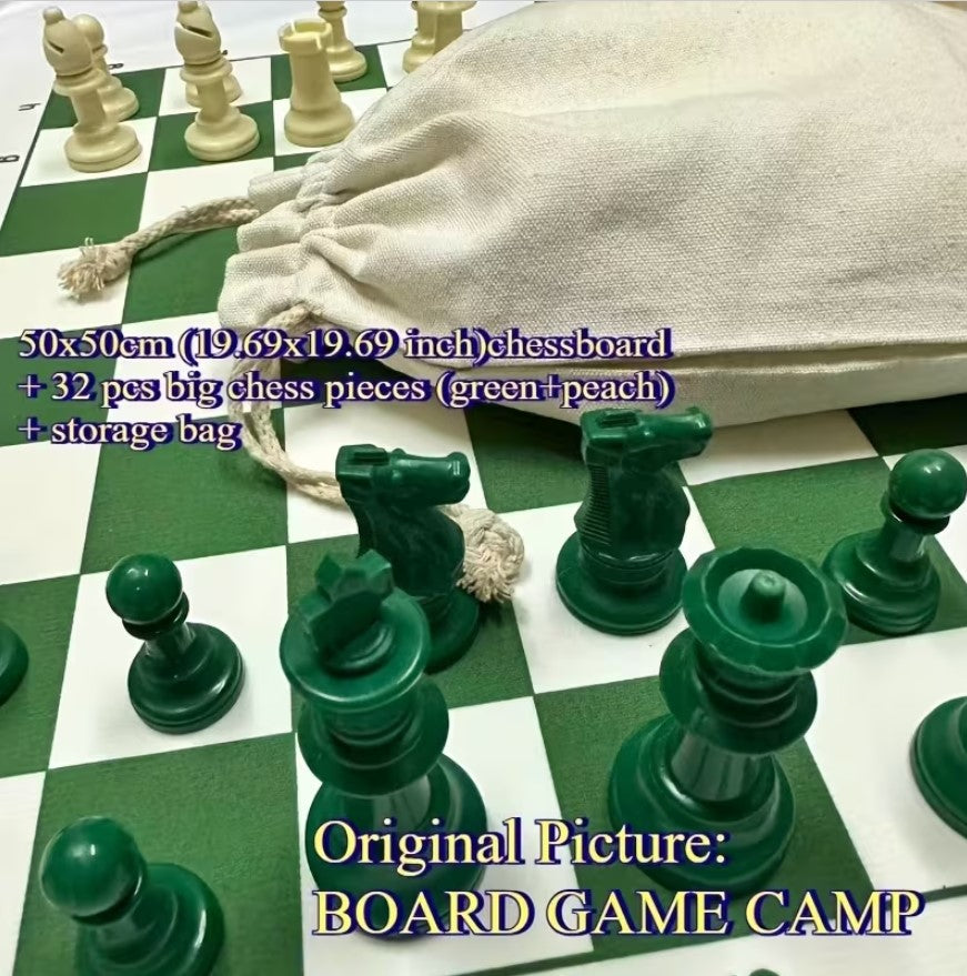 Standard International Tournament Full Chess Set. Consist of a Green & White 19.69in x 19.69in Board and 32 green & white pieces, w/ The King standing at 95mm tall.